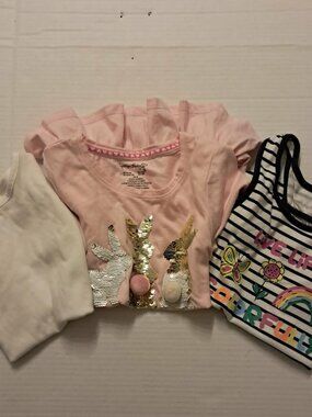 Girls Set of 3 T Shirts Pink Sequin Bunny Blue Striped Size 7/8